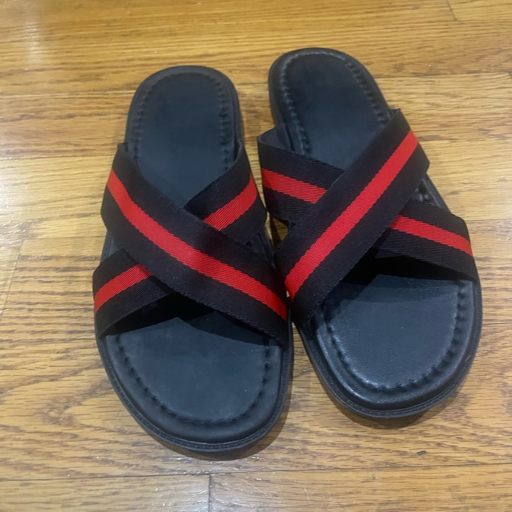New Custom made Black Sandals with Red Striped Cross Straps Sz 11 - 44